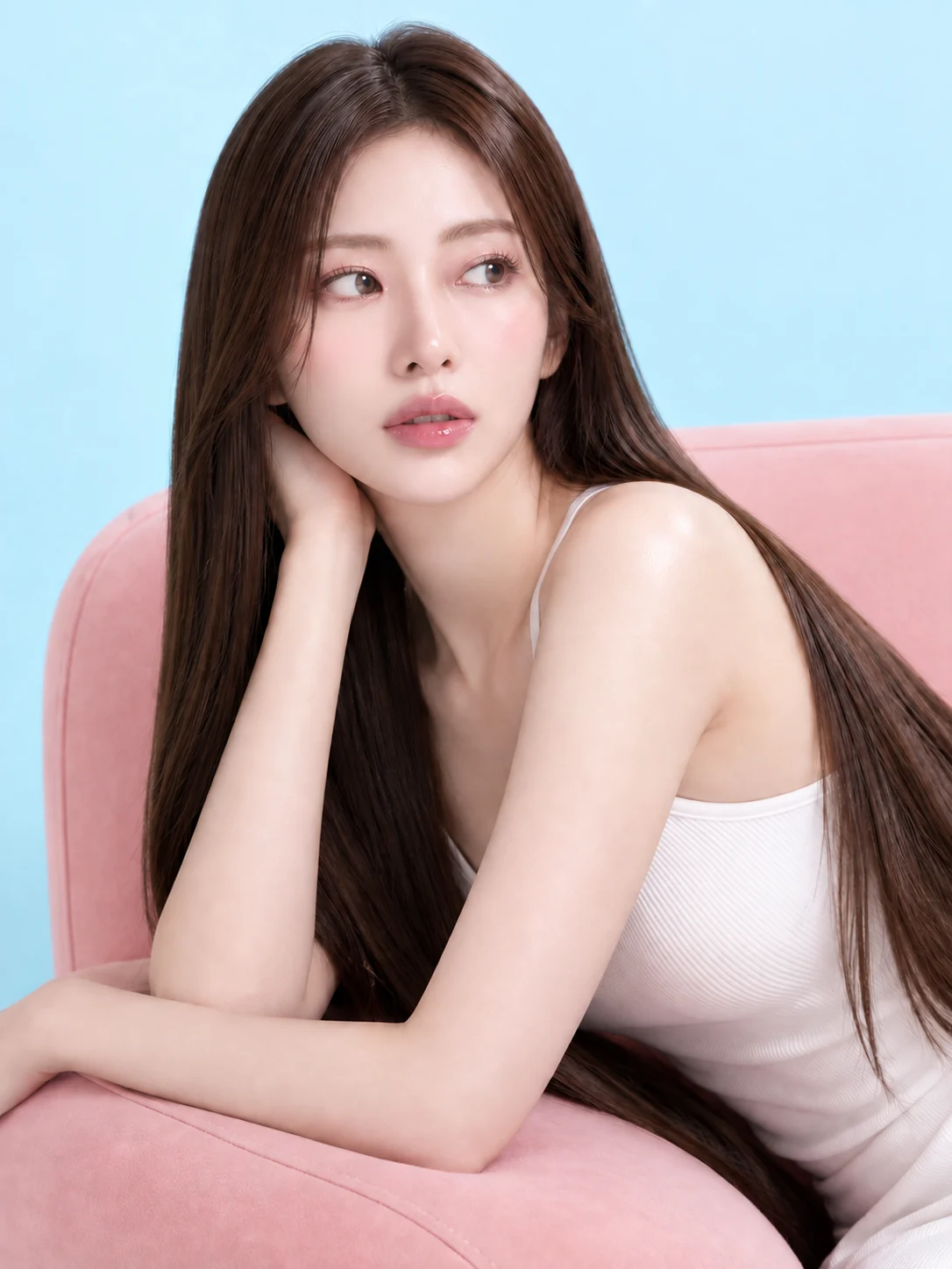핑크와 하늘빛 배경의 성인 여성 뷰티 화보 · AI 생성 연출 이미지
